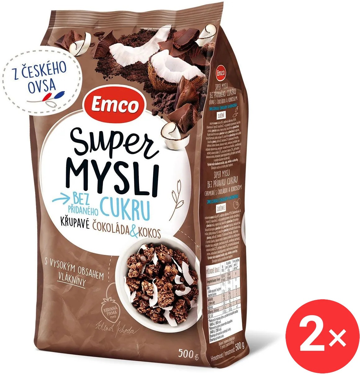 Emco Super mysli bez přidaného cukru čokoláda a kokos 2 x 500g