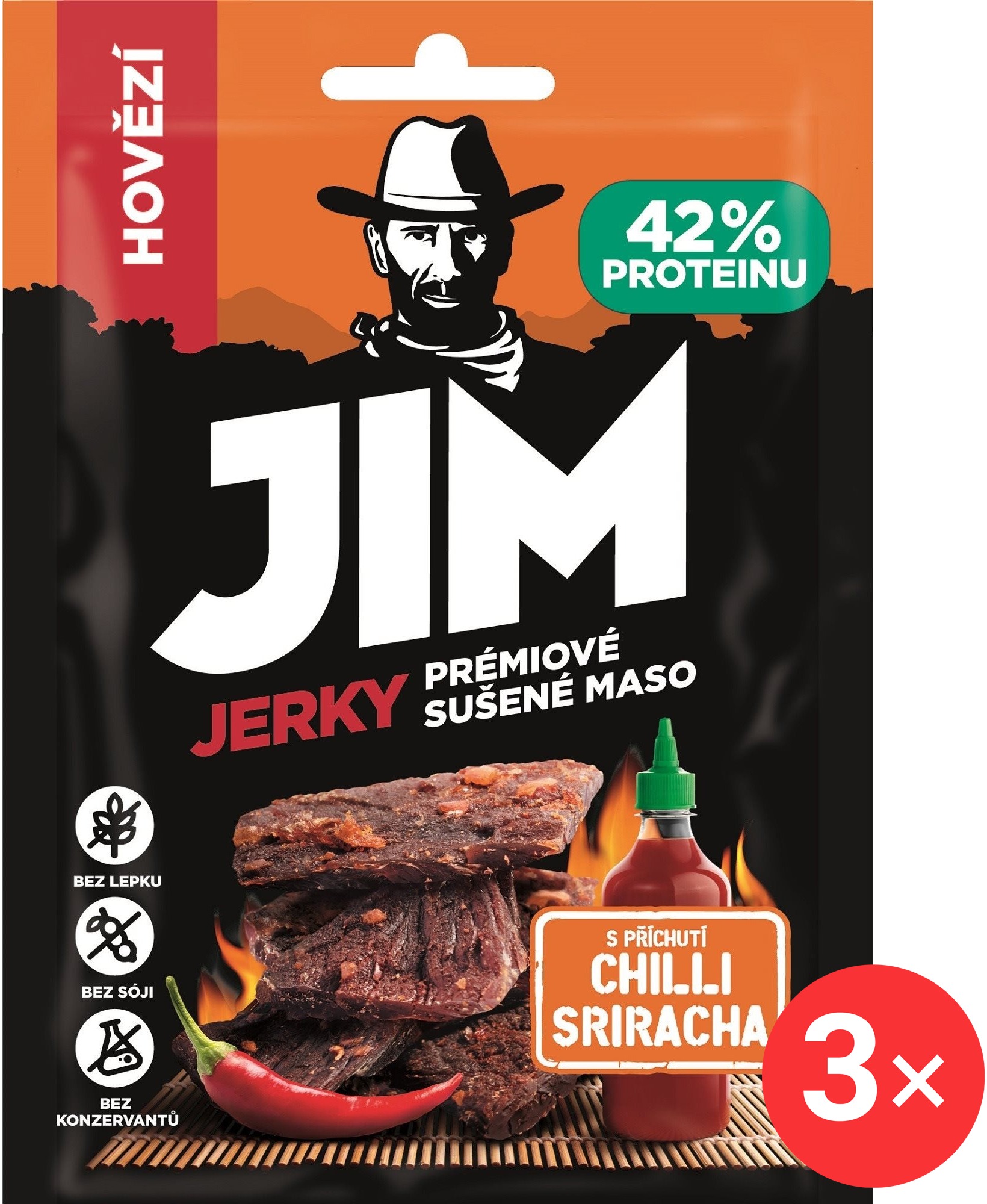 Jim Jerky hovězí s příchutí Chilli Sriracha 3 x 23 g