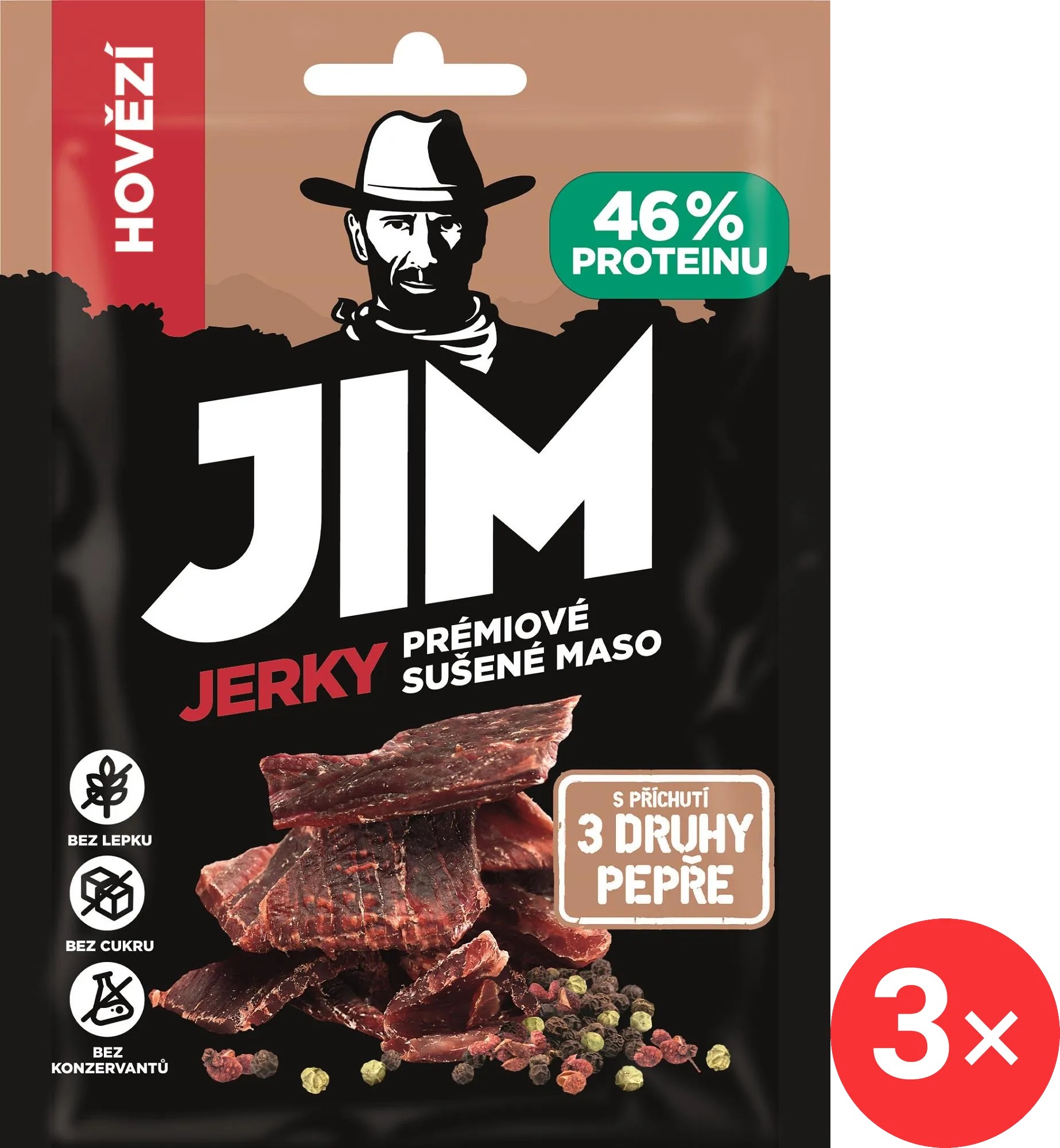 Jim Jerky hovězí s příchutí 3 druhy pepře 3 x 23 g