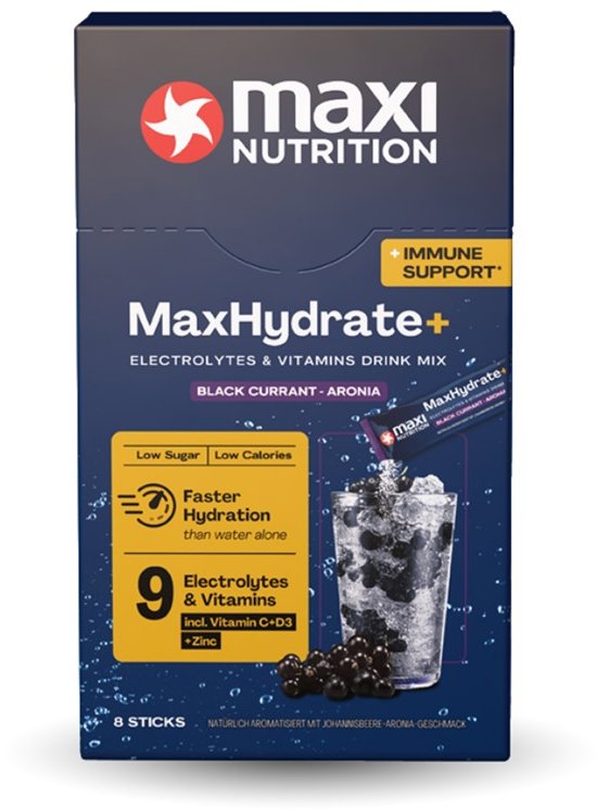 MaxiNutrition Elektrolyty s vitamíny pro imunitu, příchuť černý rybíz a arónie 128 g (8 × 16 g)