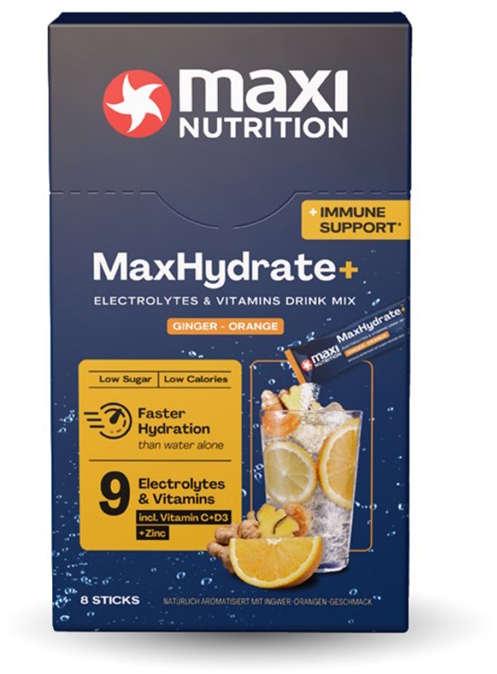 MaxiNutrition Elektrolyty s vitamíny pro imunitu, příchuť zázvor-pomeranč 128 g (8 × 16 g)