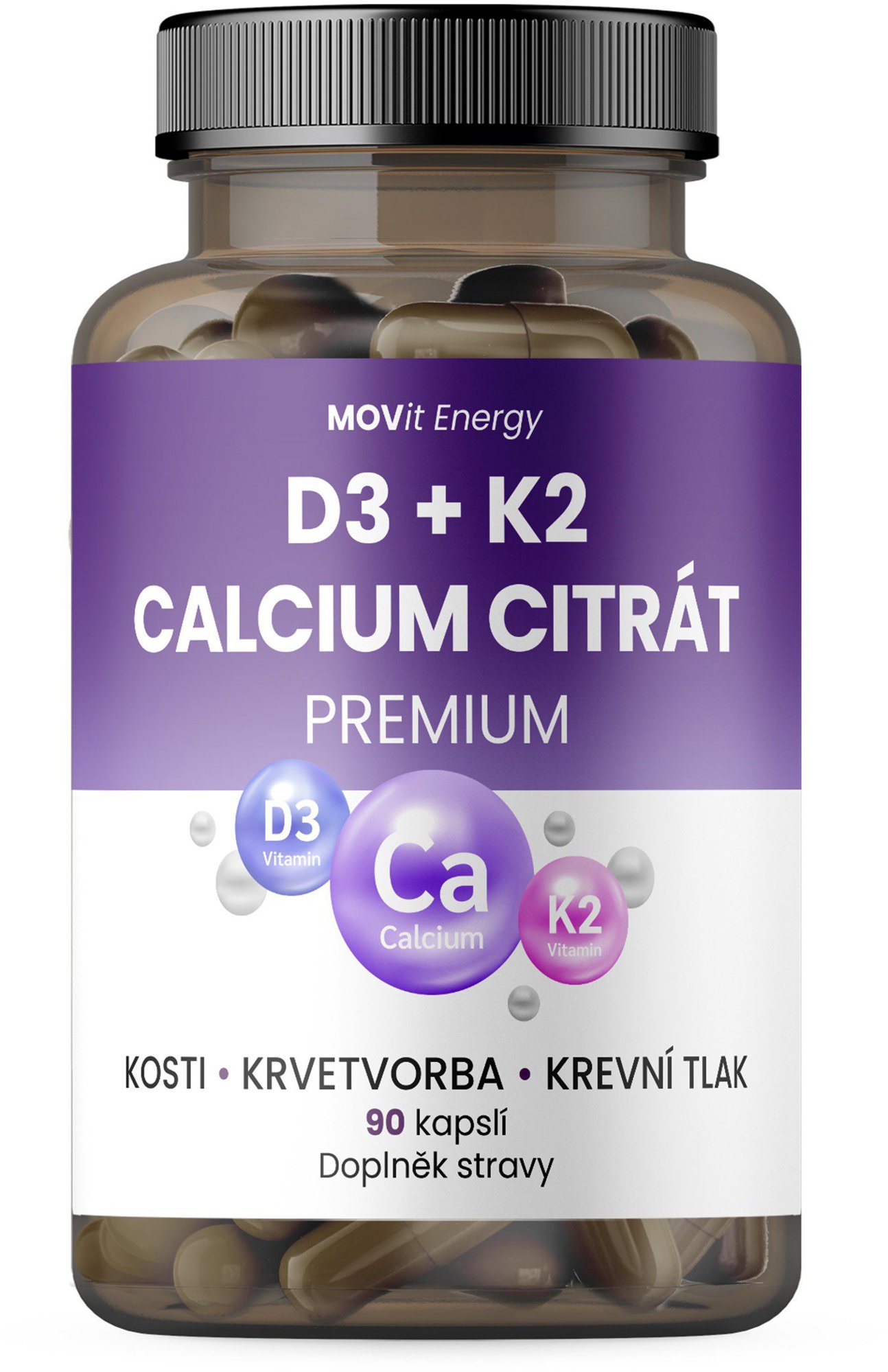 MOVit Energy Vitamin D3 1000 IU + K2 75 mcg + Vápník Citrát, 90 kapslí