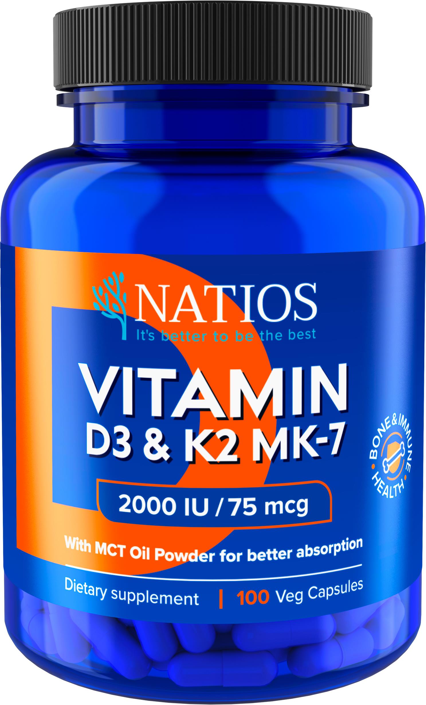 NATIOS Vitamin D3 & K2 (MenaQ7 MK-7), 2000 IU & 75 mcg, 100 kapslí