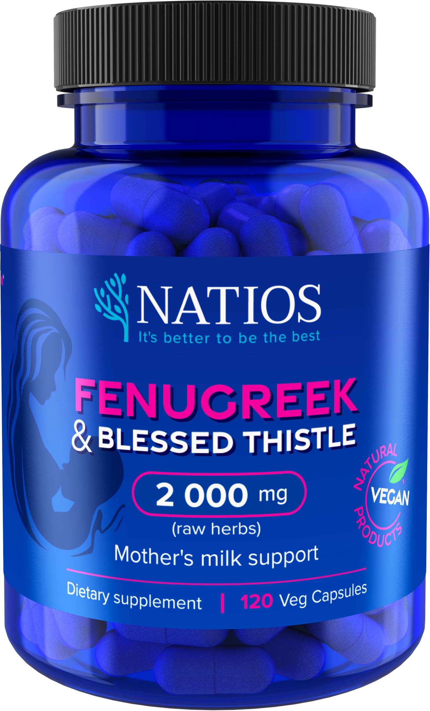 NATIOS Fenugreek & Blessed Thistle Extract, Pískavice & Benedikt, 2000 mg, 120 veg. kapslí