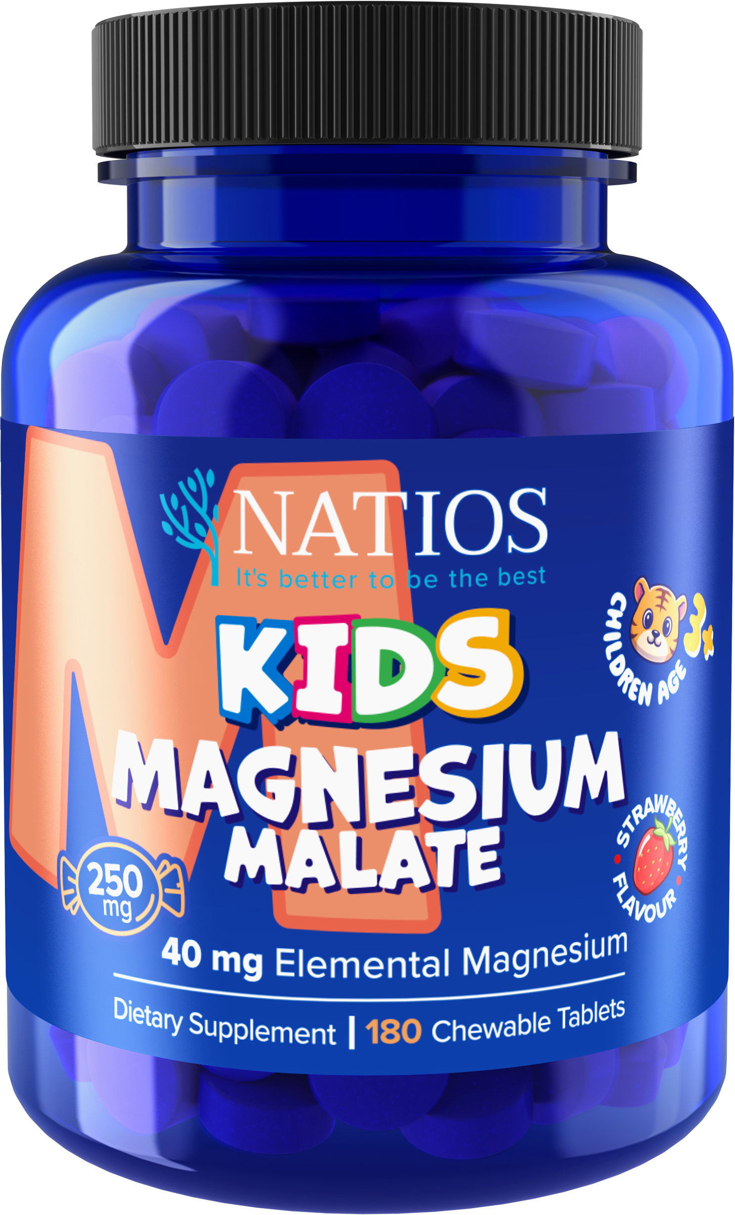 NATIOS Kids Magnesium Malate, 250 mg, 180 jahodových cucacích tabletek