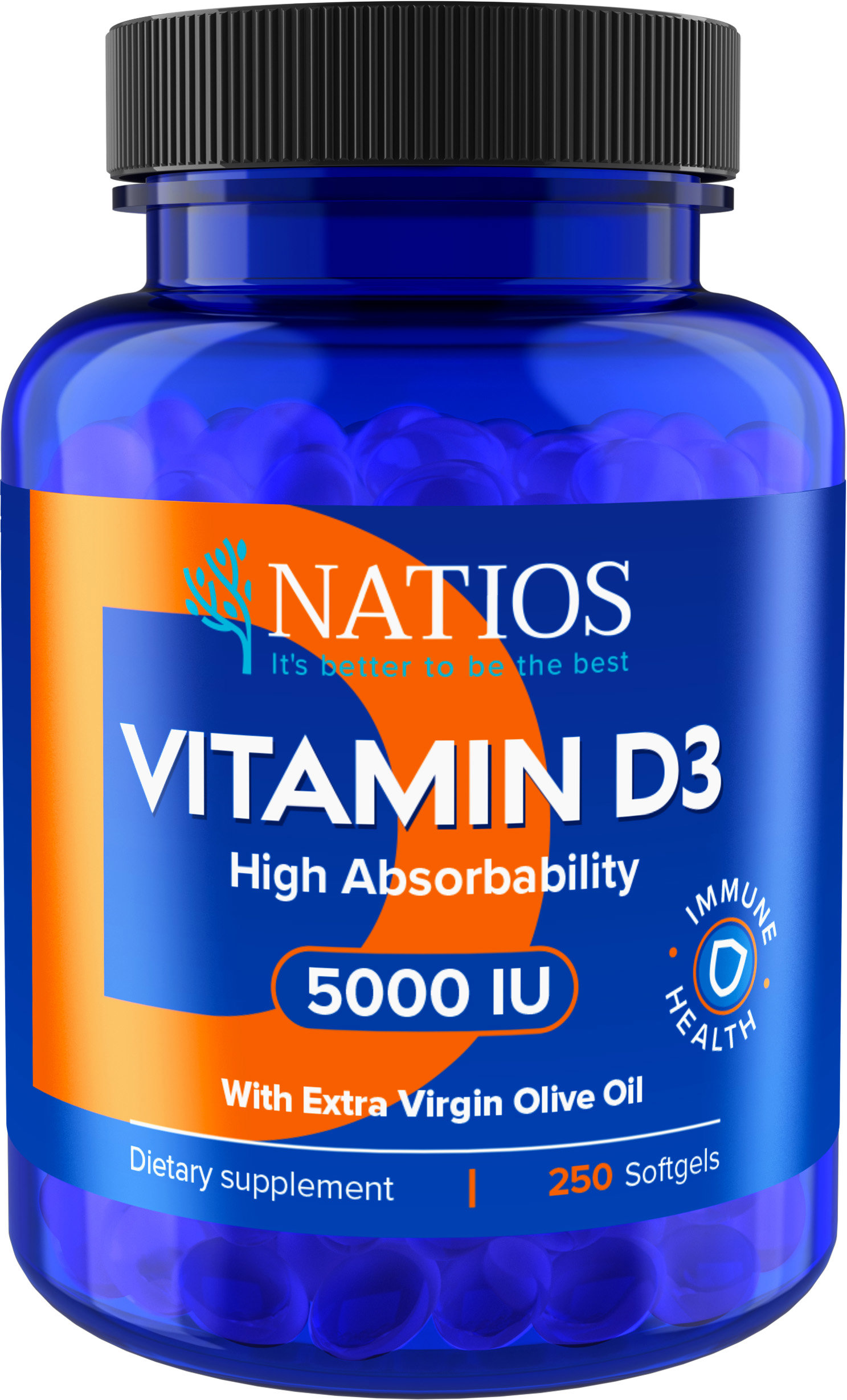 NATIOS Vitamin D3, Vysoce vstřebatelný, 5000 IU, 250 softgel kapslí (s olivovým olejem)
