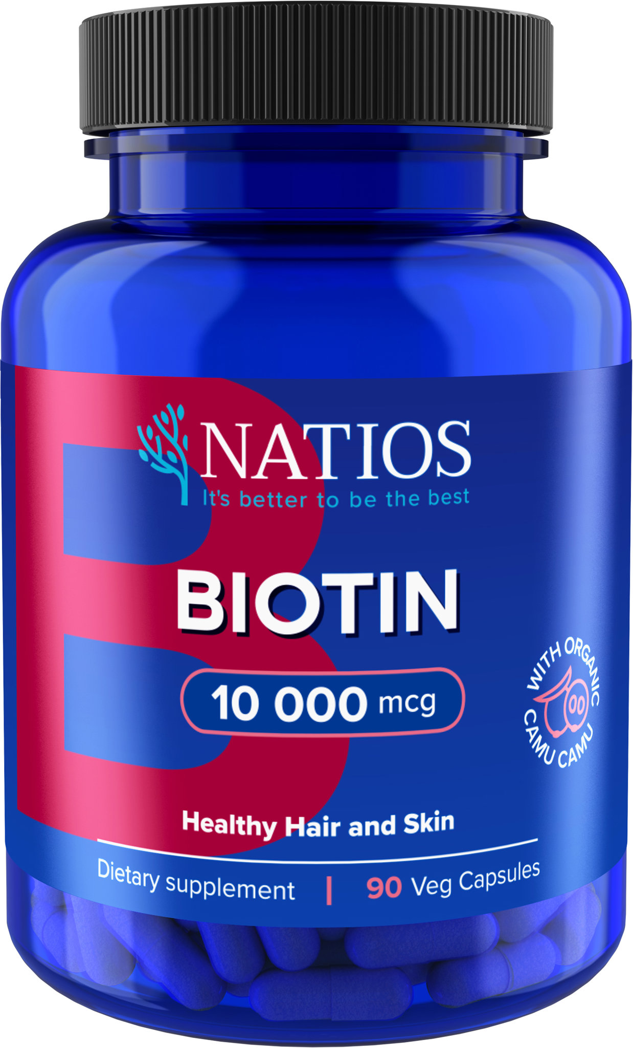 NATIOS Biotin, 10 000 mcg, Extra Strength, 90 veganských kapslí