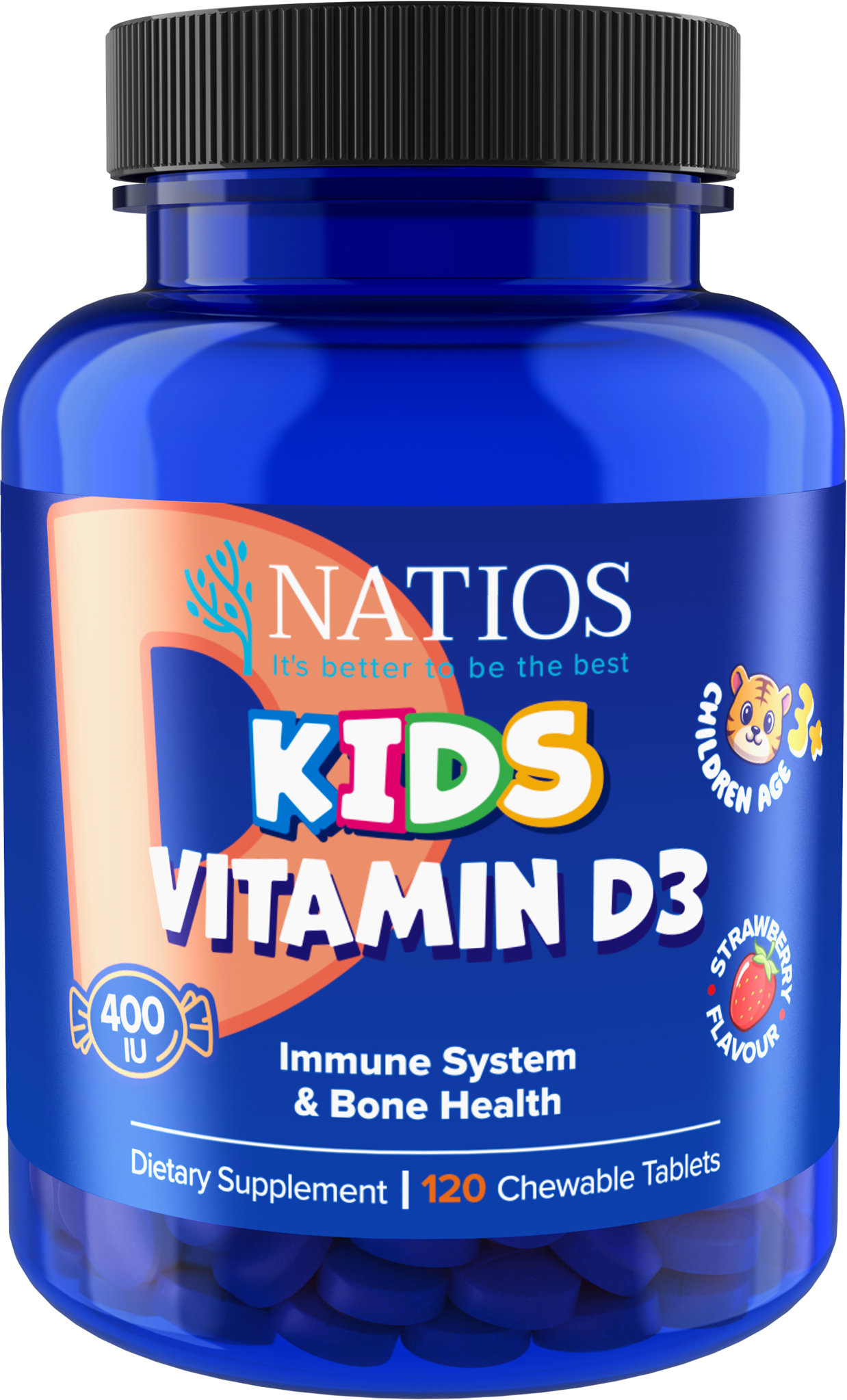 NATIOS Kids Vitamin D3, 400 IU, 120 jahodových cucacích tabletek