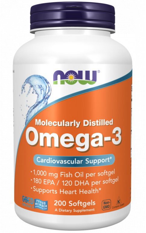 NOW FOODS Omega 3, Molekulárně destilovaná, 1000 mg, 200 softgel kapslí