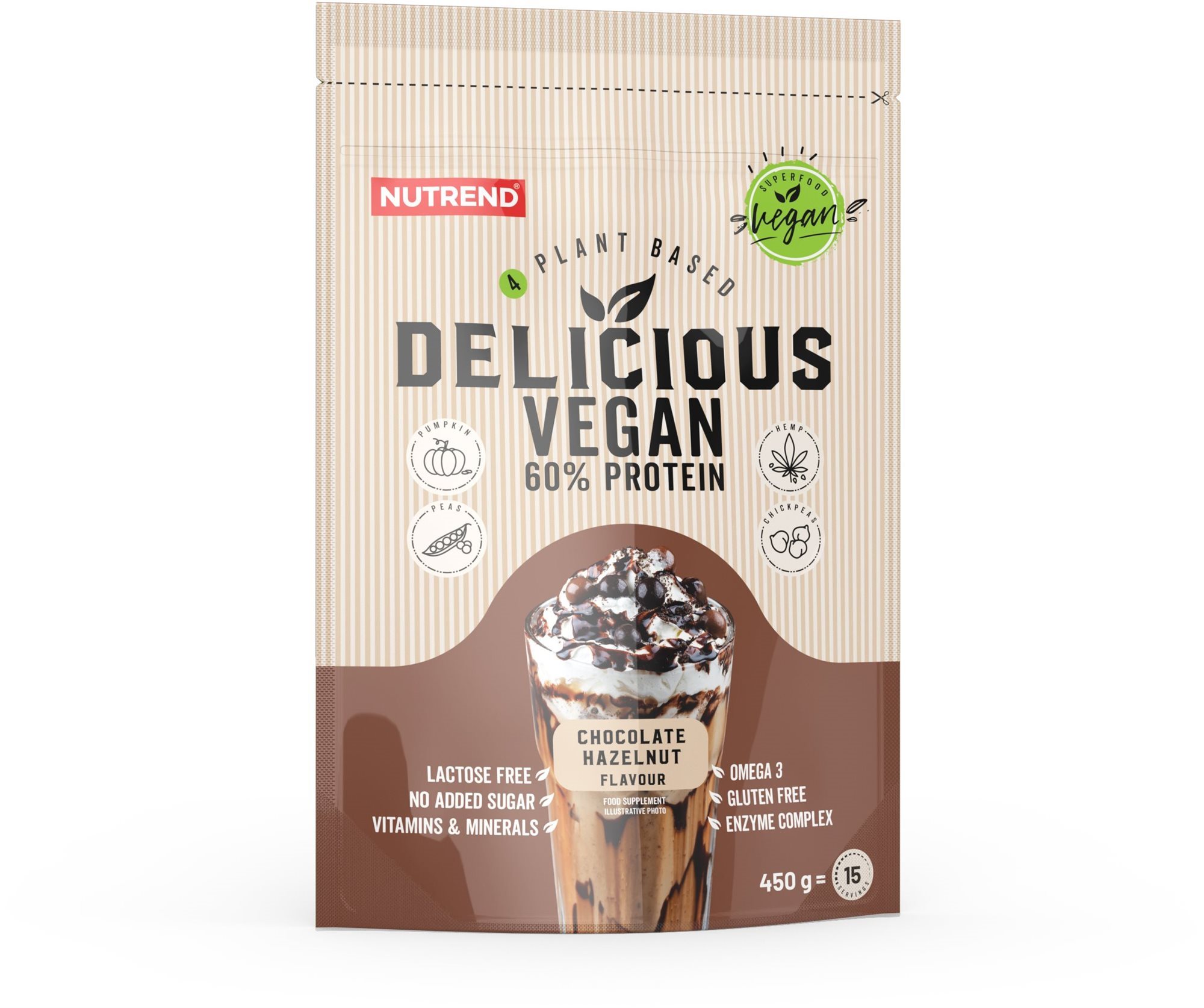 Nutrend Delicious Vegan Protein 450 g, čokoláda+lískový ořech