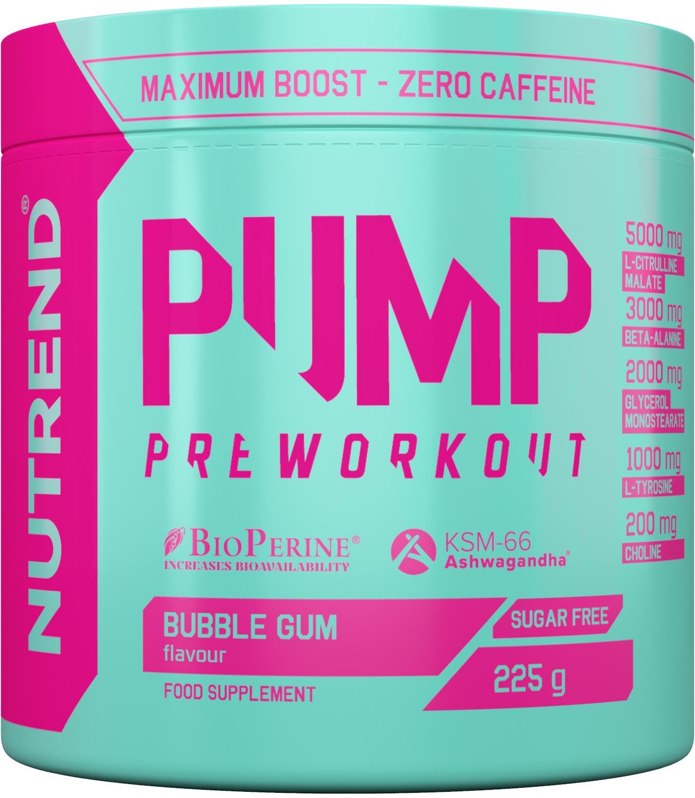 NUTREND Pre-workout bez kofeinu PUMP, 225 g, bubble gum