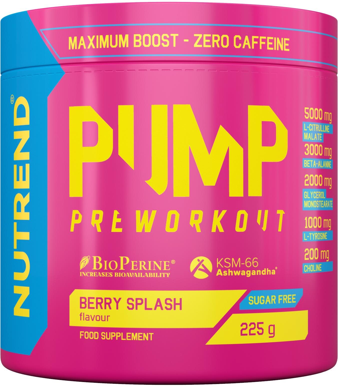 NUTREND Pre-workout bez kofeinu PUMP, 225 g, berry splash