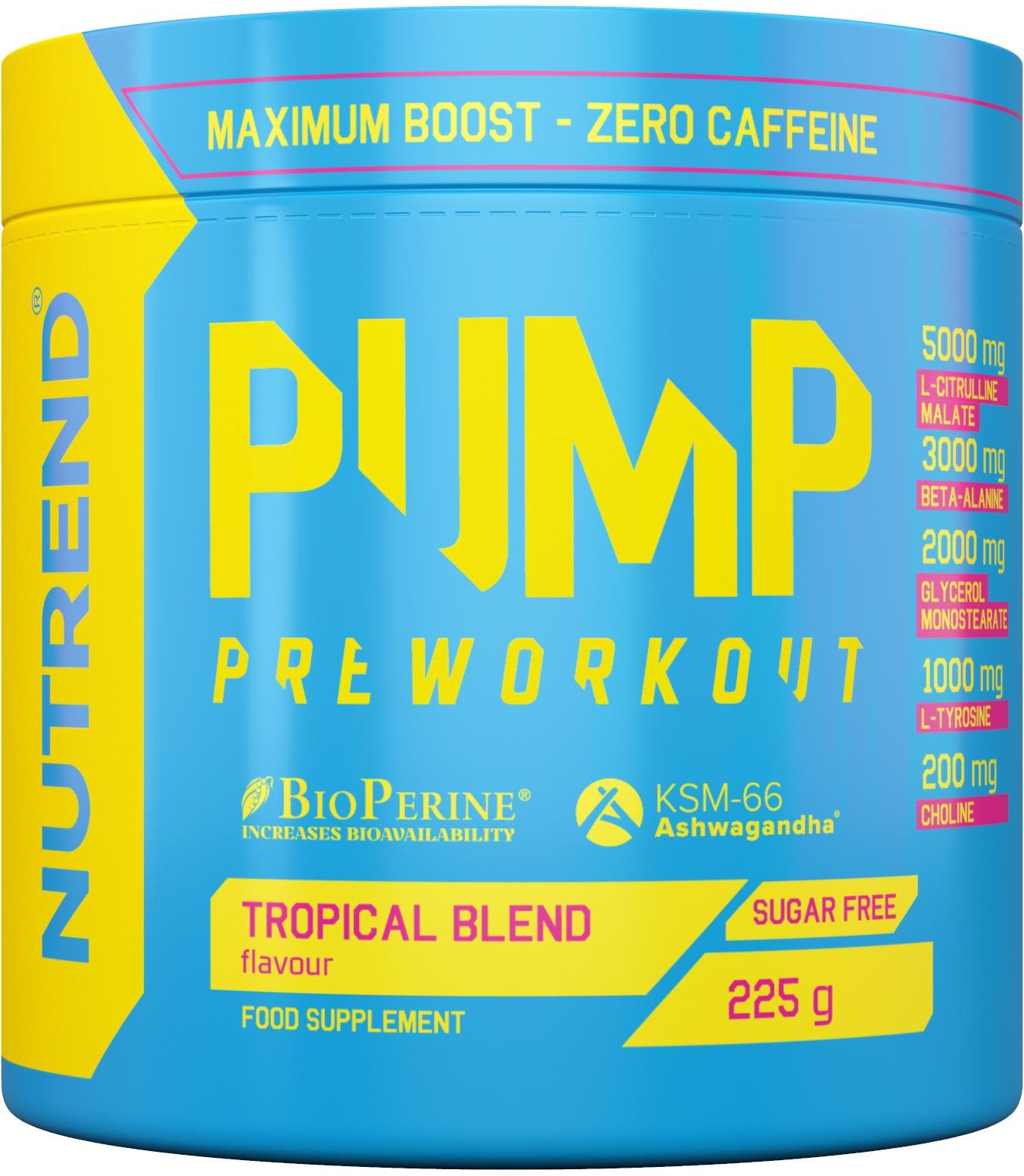 NUTREND Pre-workout bez kofeinu PUMP, 225 g, tropical blend