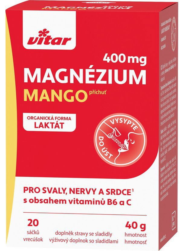 Vitar Magnézium 400 mg + vit. B6 + vit. C mango, 20 sáčků