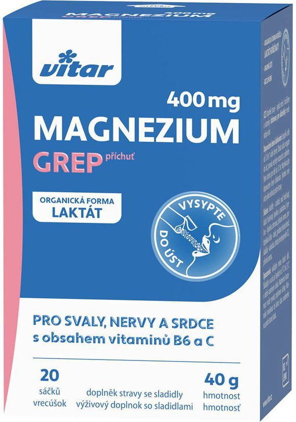 Vitar Magnézium 400 mg + vit. B6 + vit. C grep, 20 sáčků