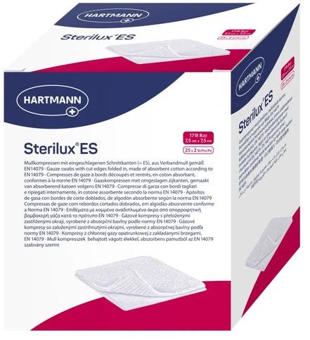 Sterilux Gáza kompresní sterilní 17 vláken 8 vrstev 7,5 × 7,5 cm 25 × 2 ks