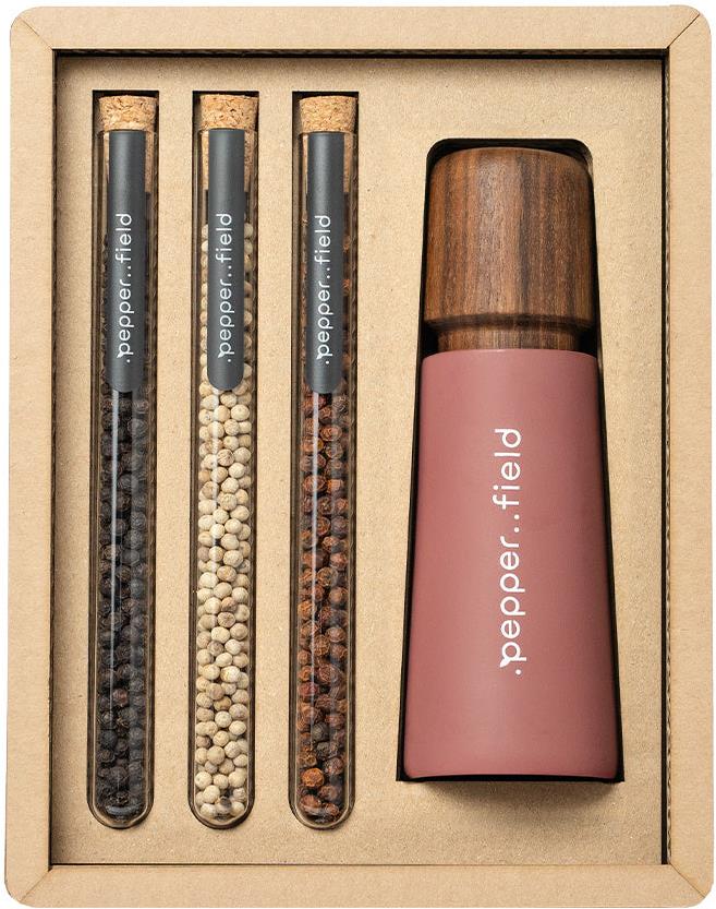 .pepper..field Bordeaux porcelánový mlýnek se sadou zkumavek s Kampotským pepřem 3 × 10 g