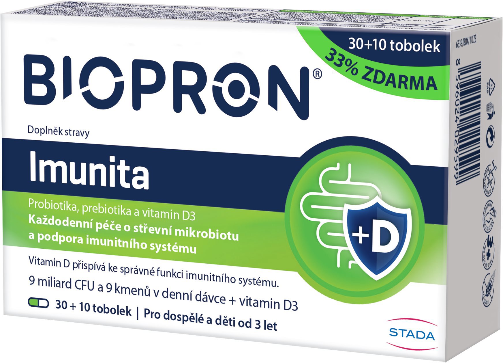 Biopron Imunita, probiotika a prebiotika + vitamin D pro každodenní podporu imunity, 30 + 10 tobolek