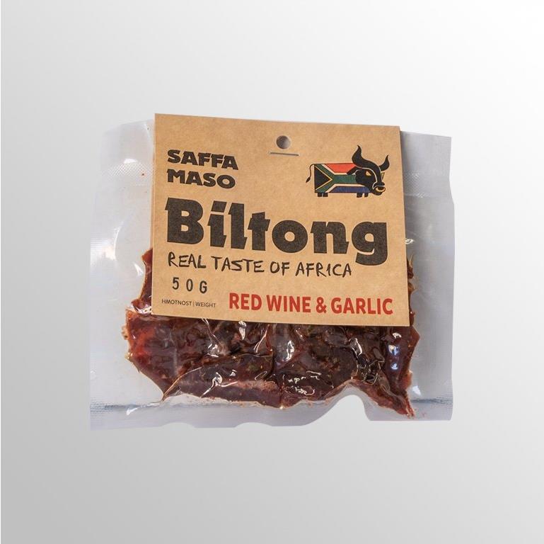 SAFFA MASO Sušené hovězí maso Biltong Red wine & Garlic 50 g