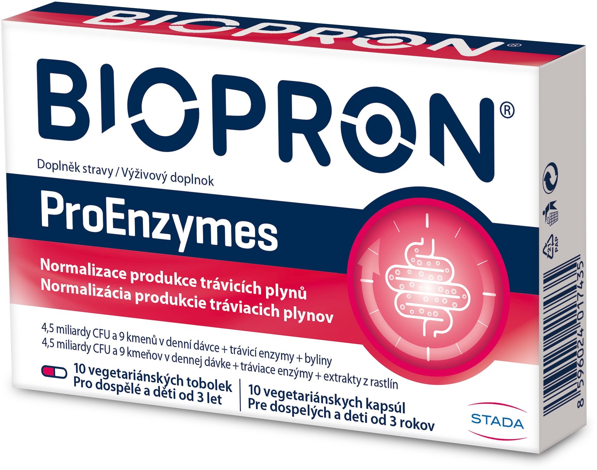 Biopron ProEnzymes, probiotika, úleva při nadýmání a dietních chybách, 10 tobolek