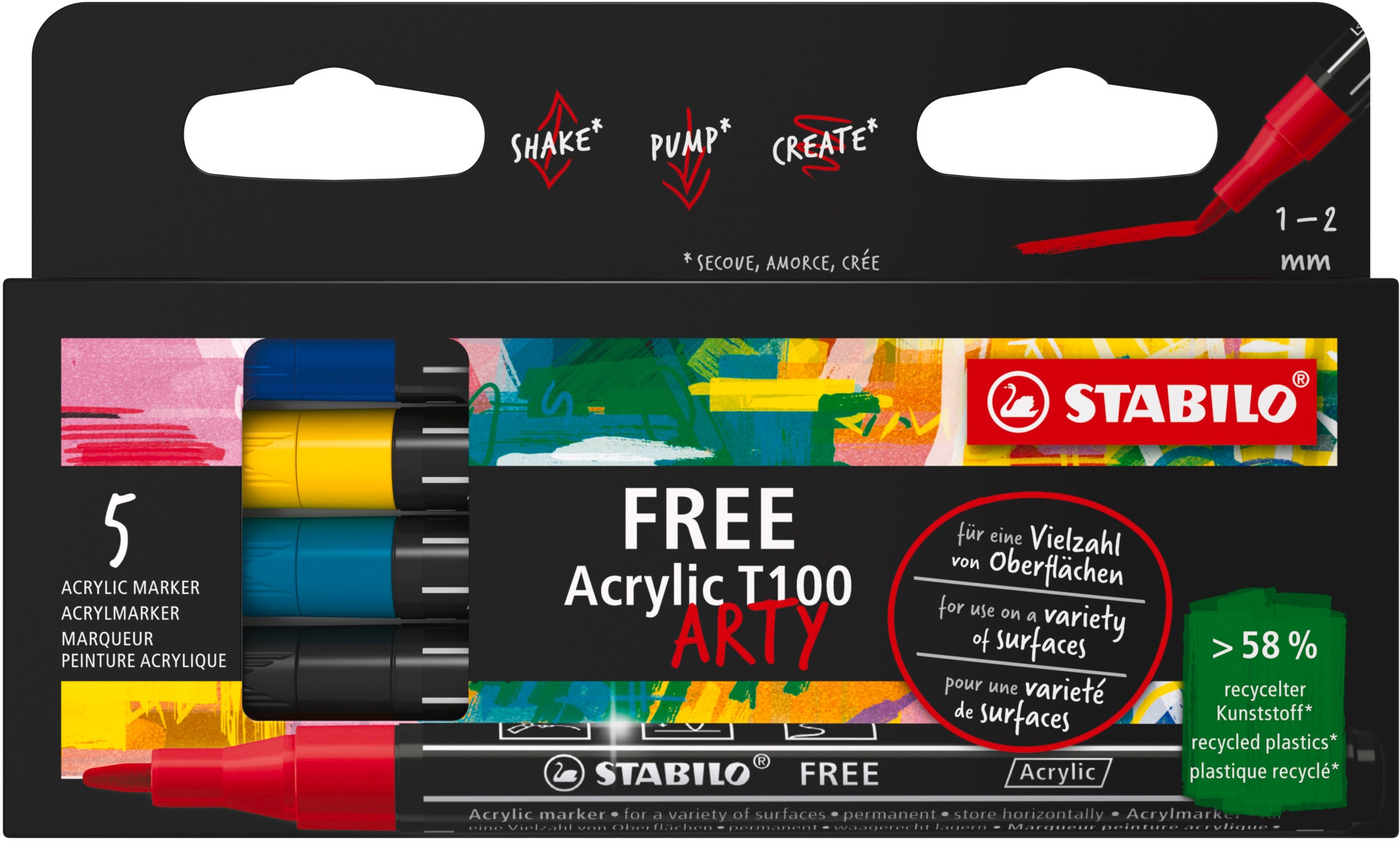 STABILO FREE Acrylic T100 1 - 2 mm, Royal - balení 5 barev