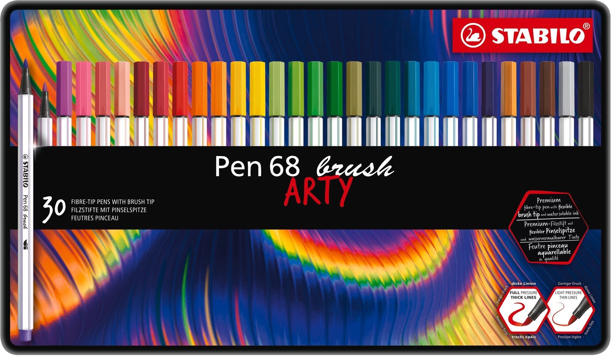 STABILO Pen 68 brush s flexibilním štětcovým hrotem a 30 barvami v kovovém pouzdře