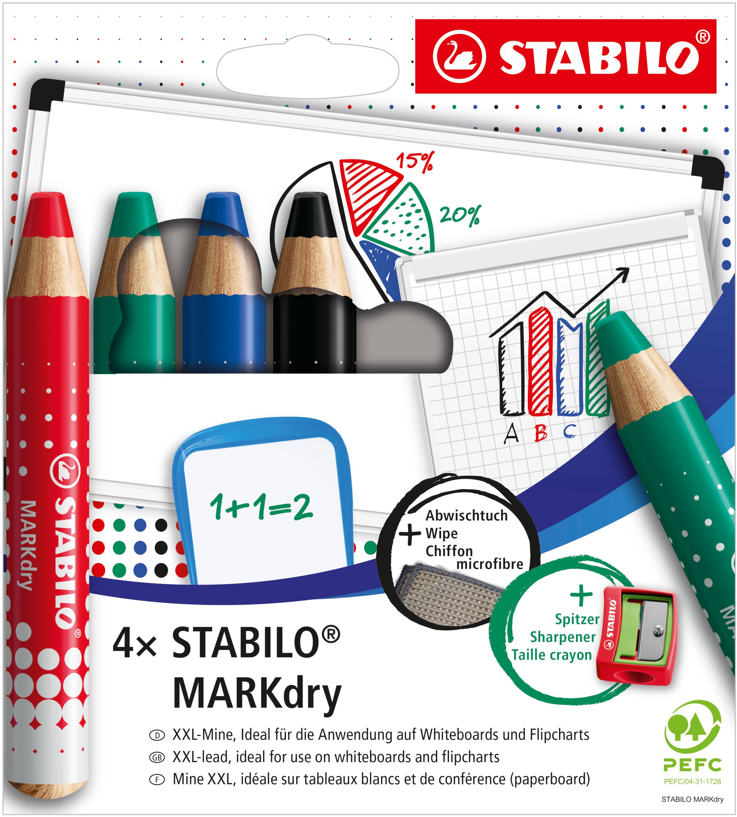 STABILO MARKdry - 4 ks sada s ořezávátkem a hadříkem