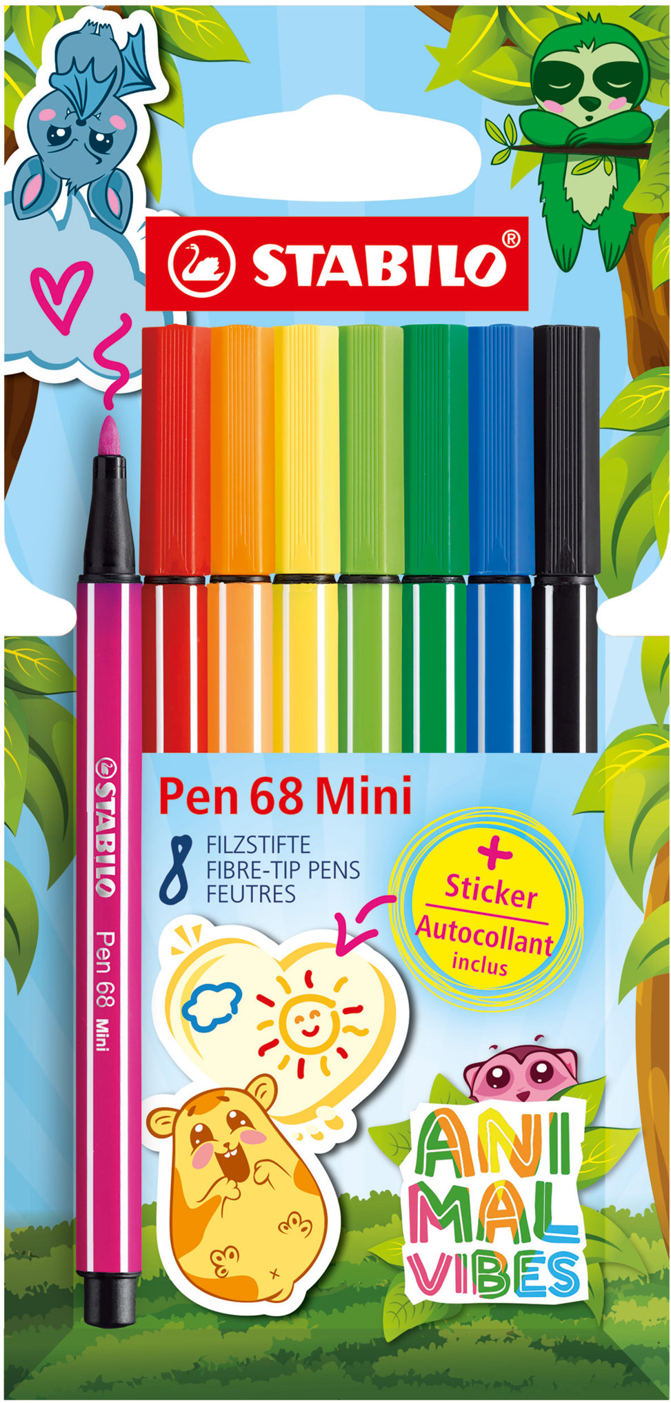 STABILO Pen 68 Mini Animal Vibes se samolepkami - sada 8 ks