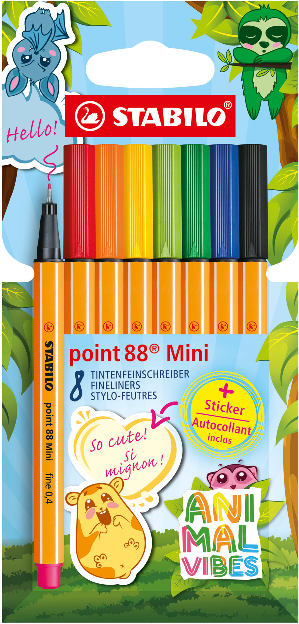 STABILO point 88 Mini Animal Vibes - sada 8 ks fixů a popisovačů s samolepkami