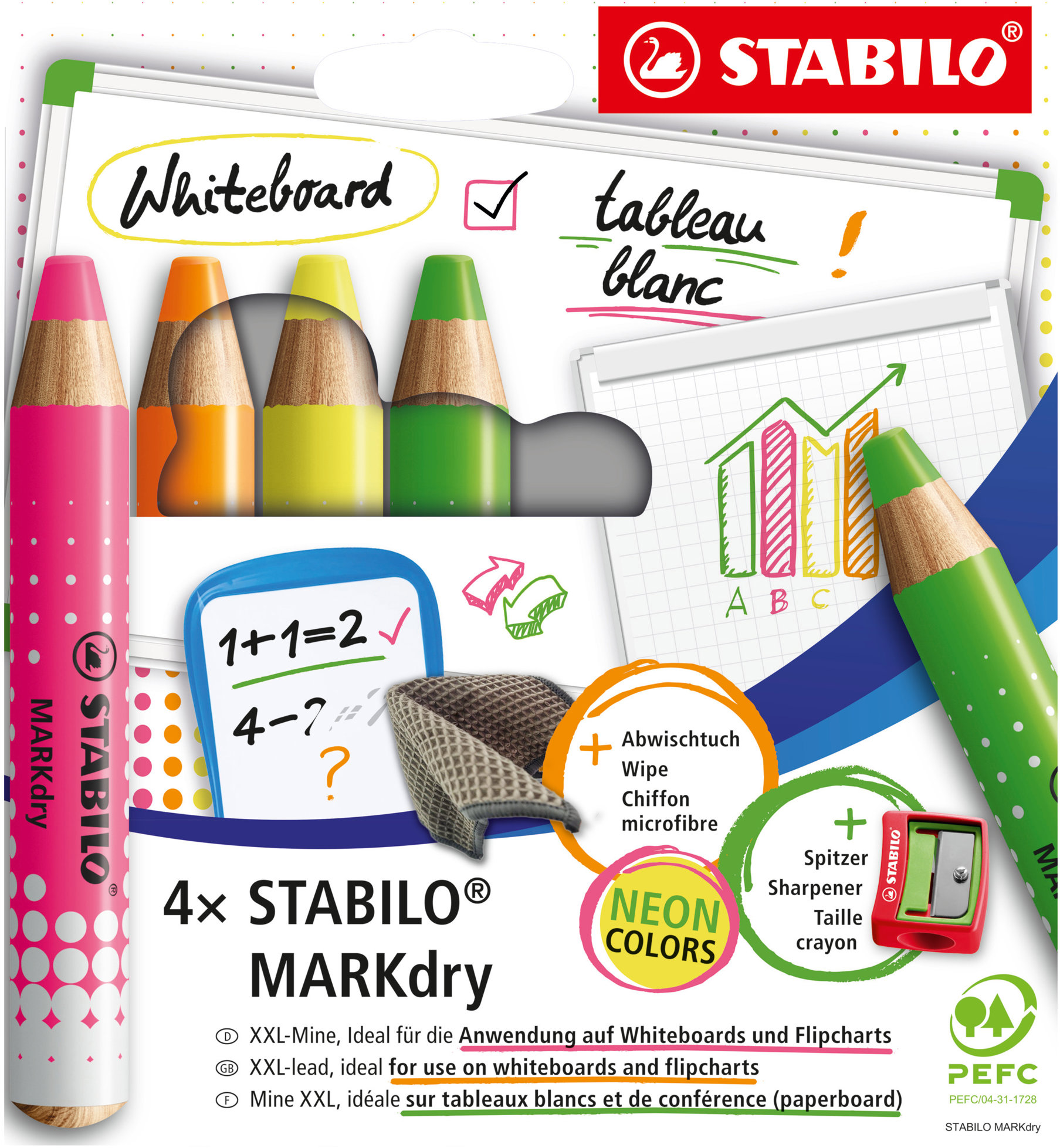 STABILO MARKdry Neon suché, na tabuli a flipchart, neonové barvy - sada 4 ks s ořezávátkem a hadříkem