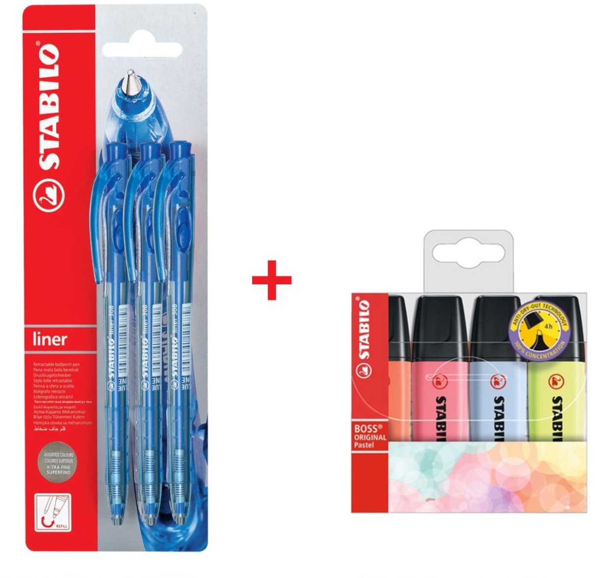 STABILO kuličková pera liner, modrá, 3 ks + zvýrazňovače BOSS ORIGINAL, 4 ks