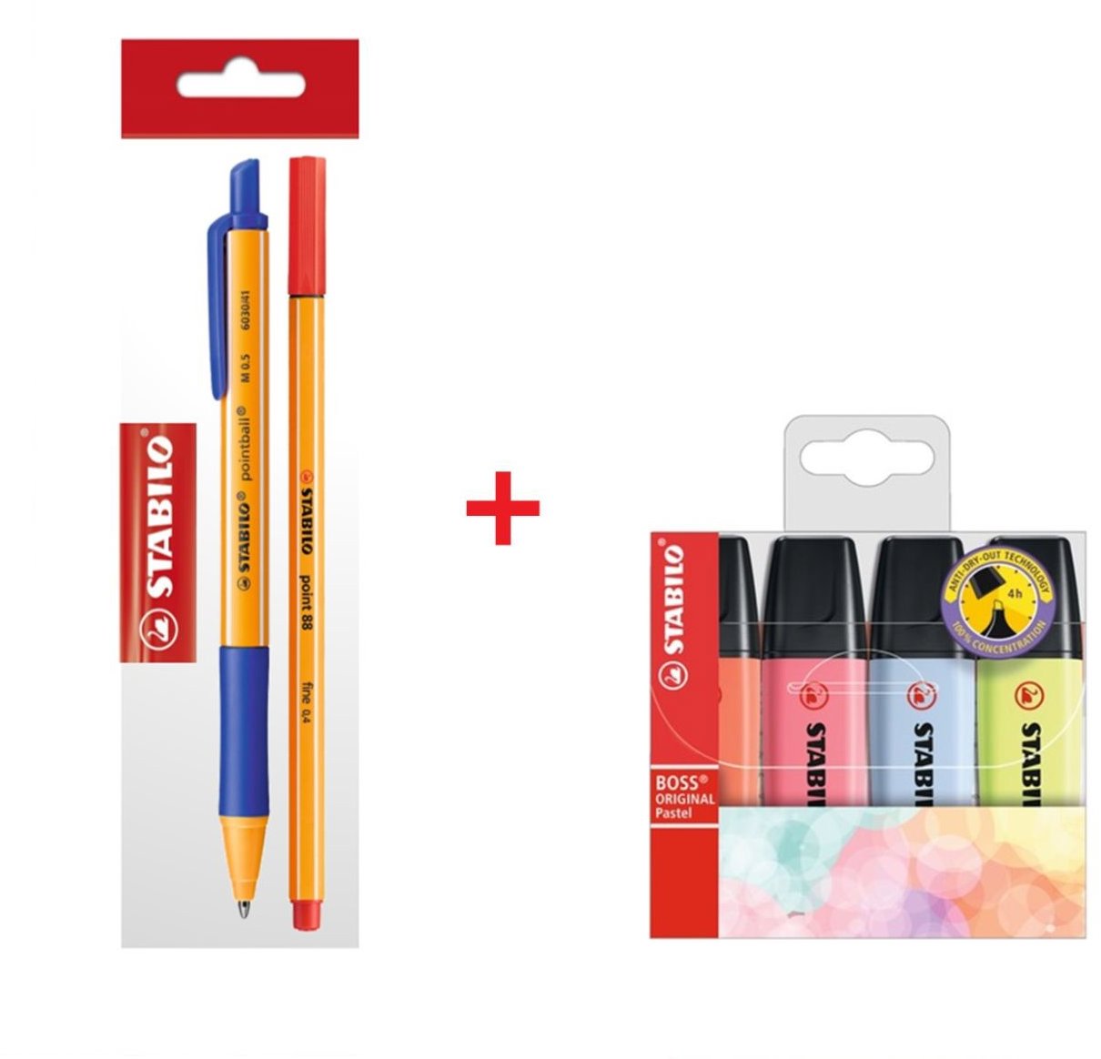 STABILO kuličkové pero pointball, modré + liner point 88, červený + zvýrazňovače BOSS ORIGINAL, 4 ks