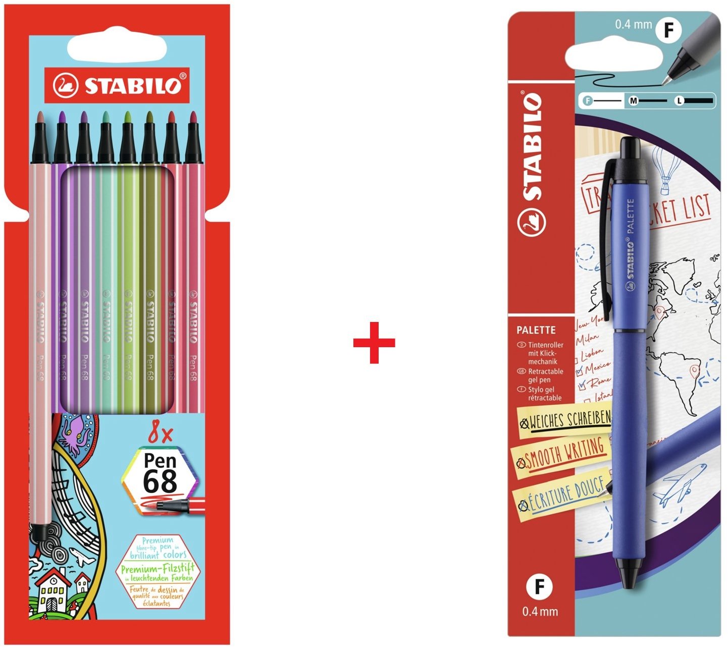 STABILO gelové pero PALETTE s hrotem F (0,4 mm), modré + fixy Pen 68, 8 ks