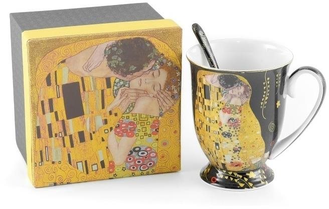 Home Elements Porcelánový hrnek se lžičkou 280 ml, Klimt Polibek černý