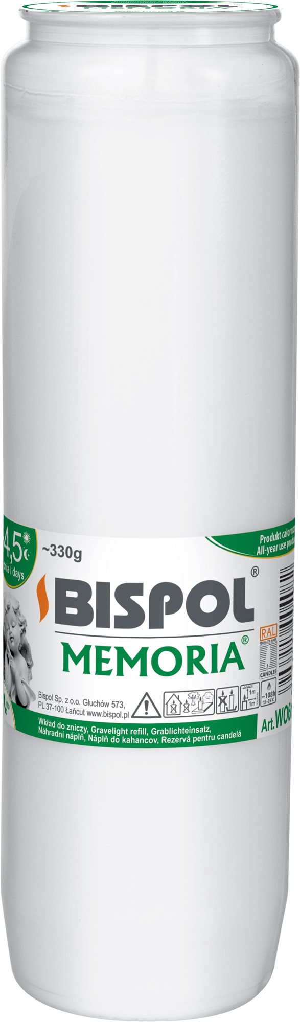 BISPOL hřbitovní svíčka Memoria bílá 108 h