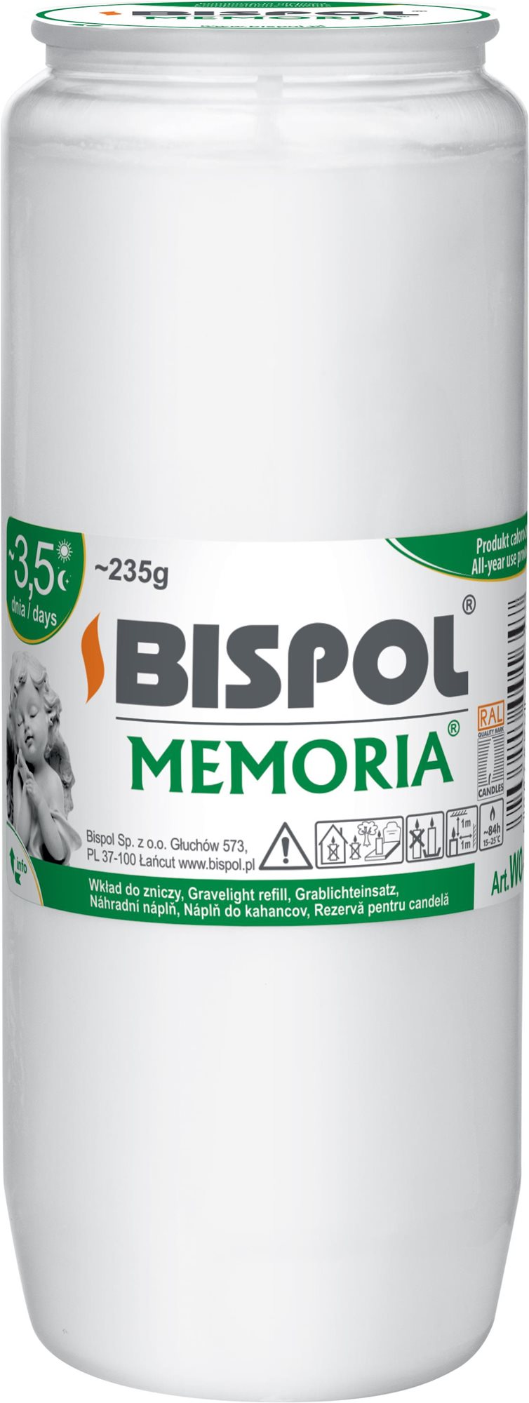 BISPOL hřbitovní svíčka Memoria bílá 84 h