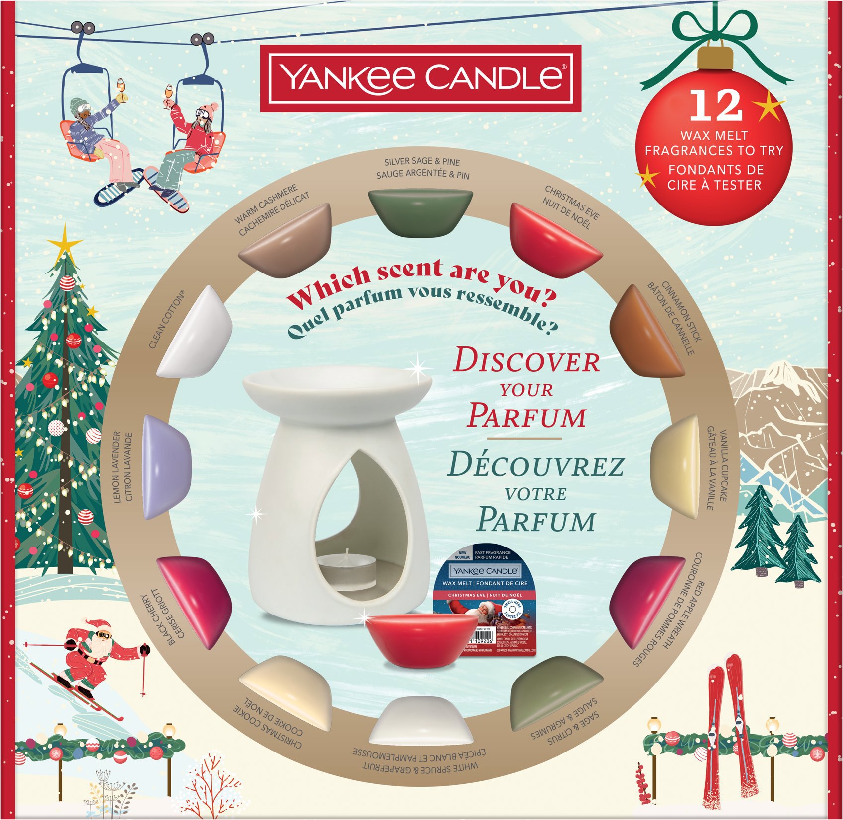 YANKEE CANDLE Vánoční Set 2025 aromalampa a vonné vosky 12× 22 g