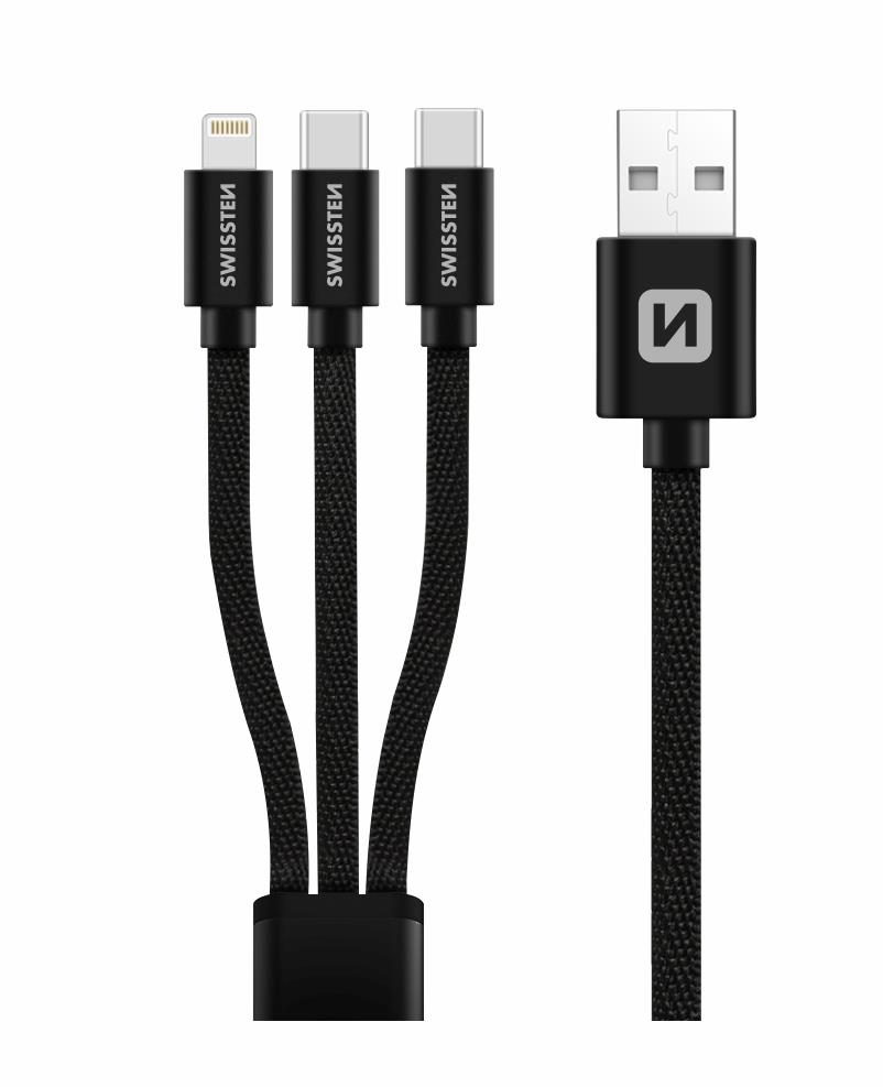 Swissten Textile 3in1 datový kabel 1.2 m černý - spolehlivý a komfortní připojení zařízení k počítači nebo jiným zařízením.