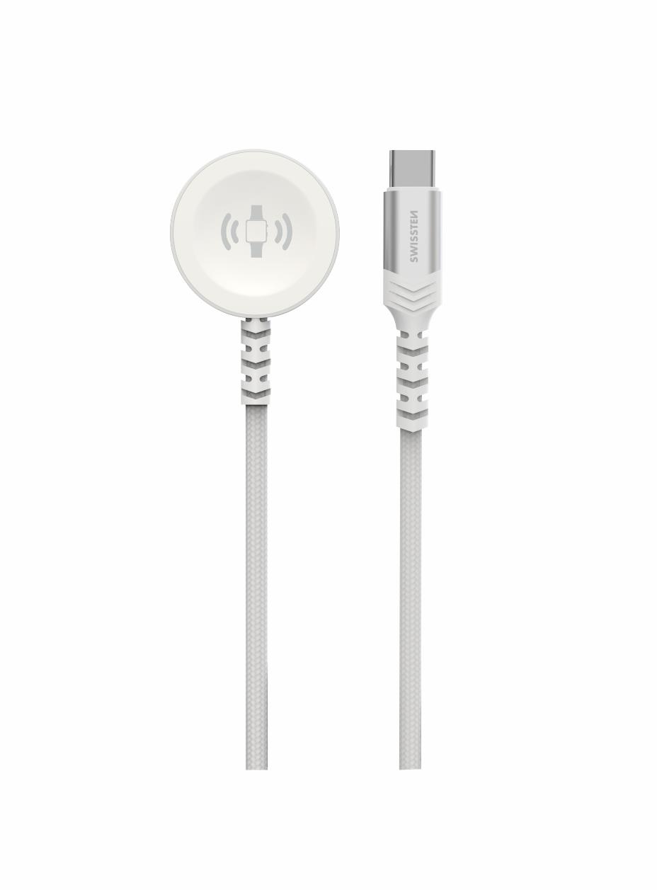 Swissten opletený magnetický kabel pro Apple Watch kovový, USB-C 1.2 m bílý