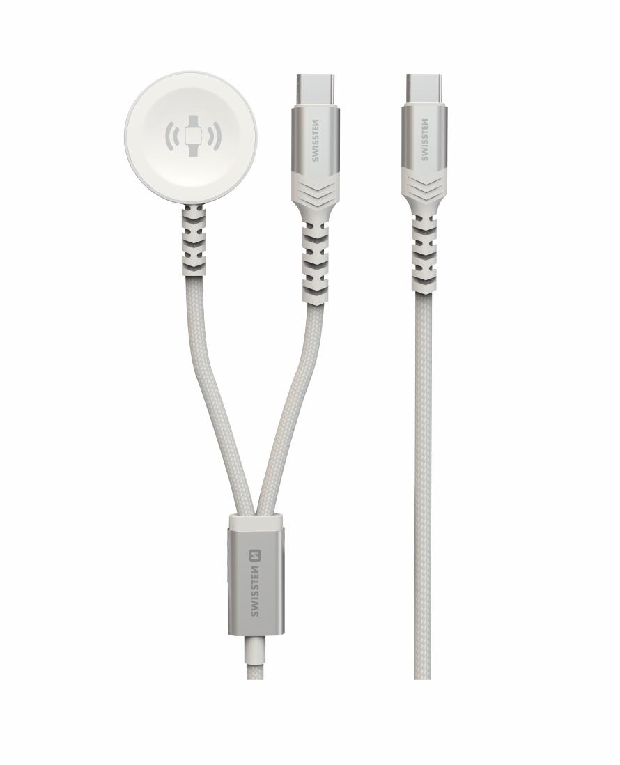 Swissten opletený magnetický kabel 2v1 pro Apple Watch a USB-C, USB-C 1.2 m bílý