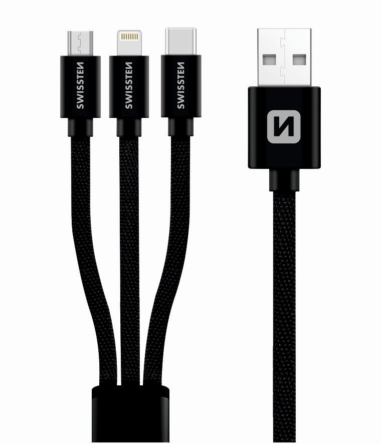 Swissten textilní datový kabel 3v1 MFi 1.2m černý