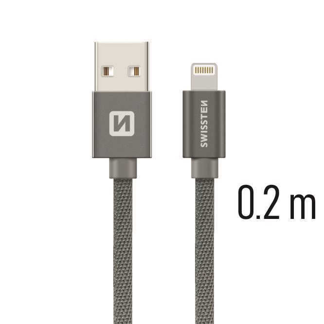 Swissten textilní datový kabel lightning 0.2m šedý