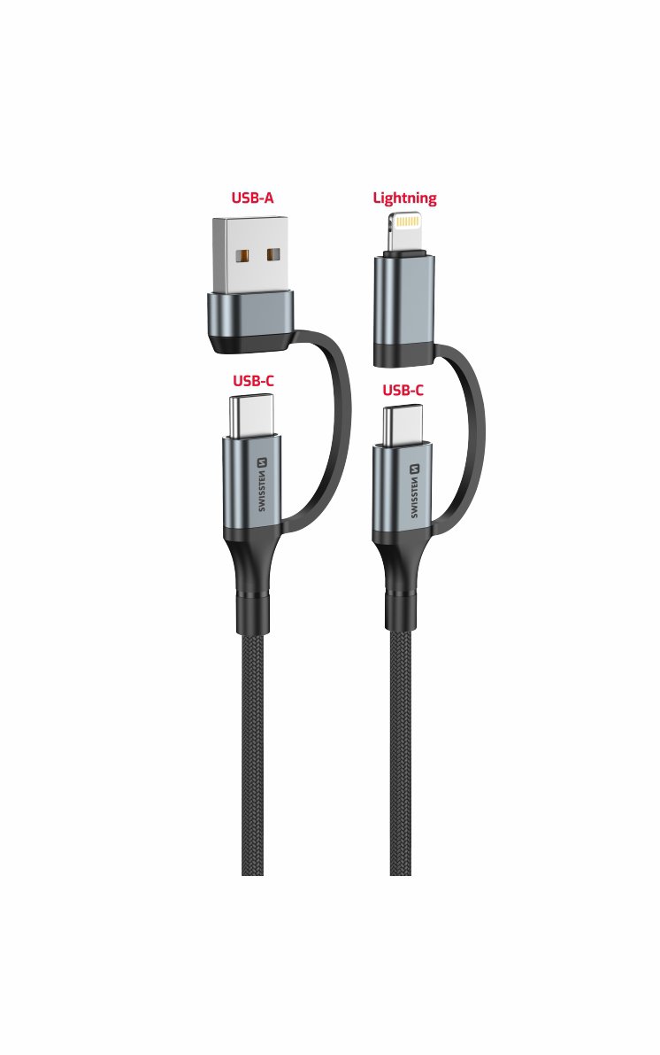 Swissten textilní datový kabel 4in1, 3A 1,5m černý