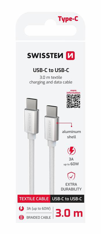 Swissten Textile USB-C / USB-C 3.0 m Stříbrný