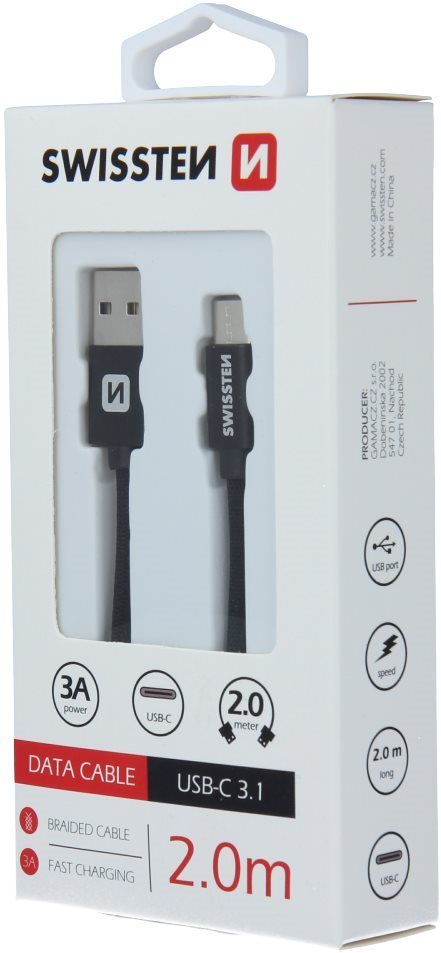 Swissten textilní datový kabel USB-C 2m černý