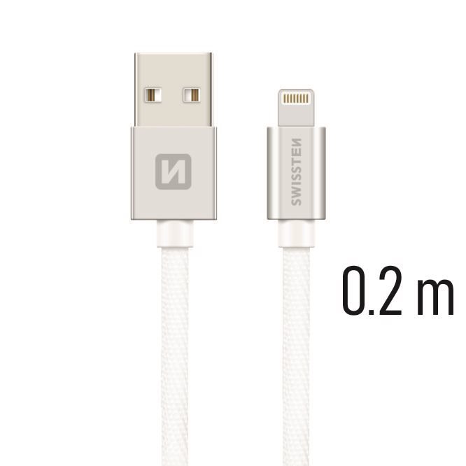 Swissten textilní datový kabel lightning 0.2m stříbrný