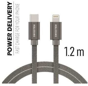 Swissten textilní datový kabel USB-C/Lightning 2m stříbrný