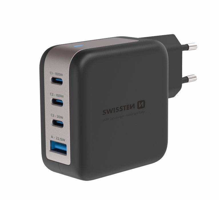 Swissten síťový adaptér GaN 3x USB-C 100W PD + 1x USB-A 18W QC černý
