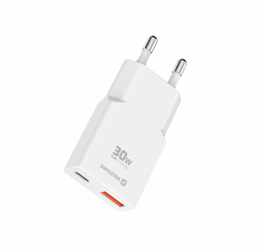 Swissten síťový adaptér GaN USB-C + USB-A 30W bílý