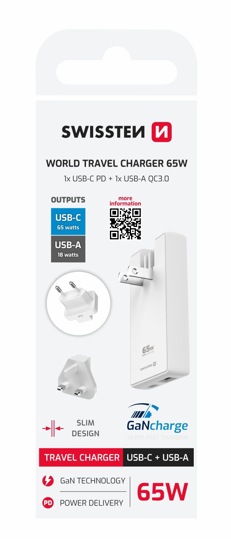 Swissten cestovní adaptér GaN USB-C + USB-A 65W výměnné vidlice  bílý